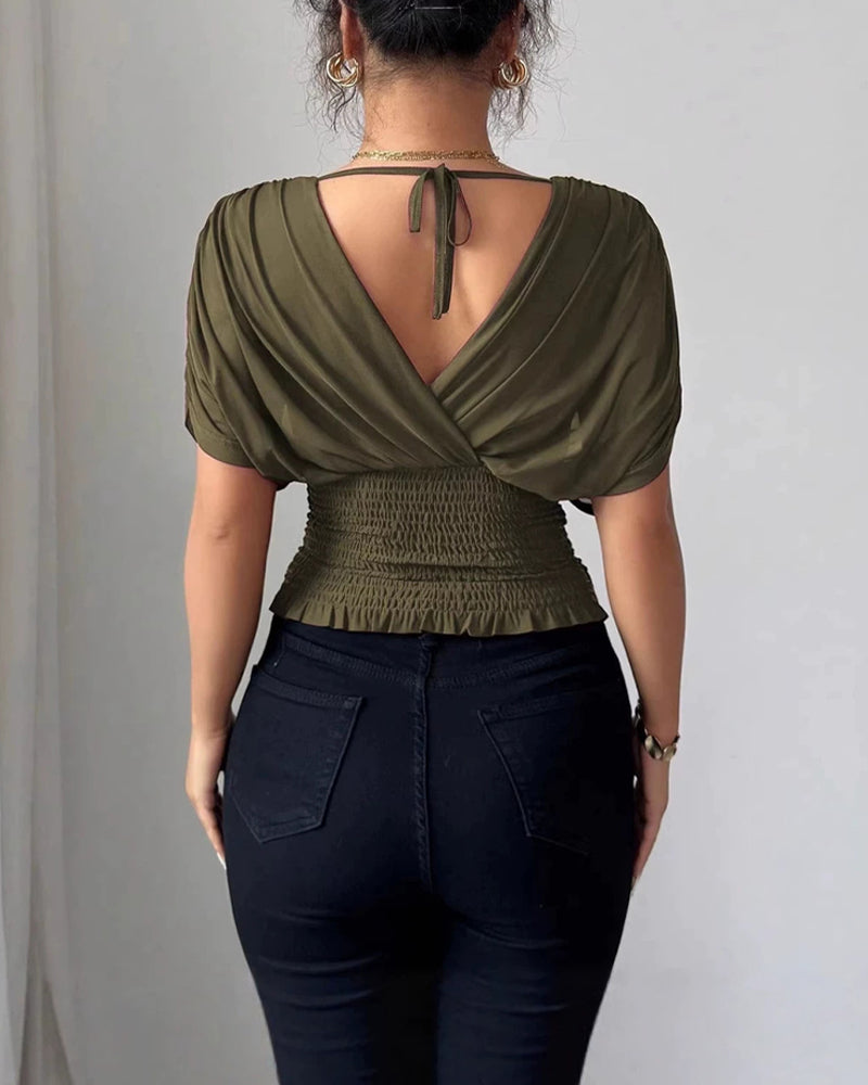 Blouse Unie Profond Col En V Taille Manches Courtes