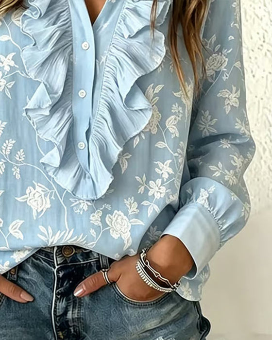 Blouse Bouton Devant Volant Col En V Manches Ballon