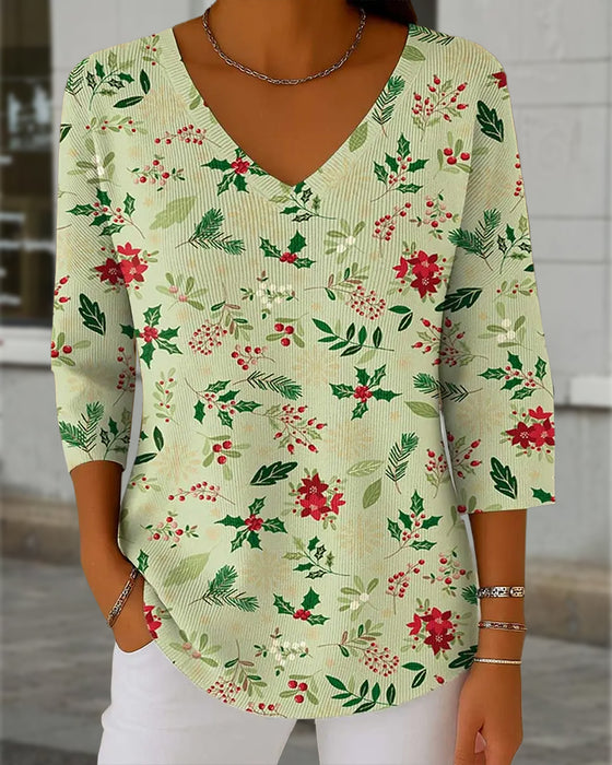 Top tricoté pour femme avec imprimé de Noël, col V, manches 3/4, style décontracté et coupe large