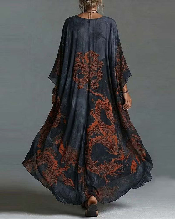 Robe Motif Dragon Rouge Manches Chauve-souris Plongeant Échancré En V