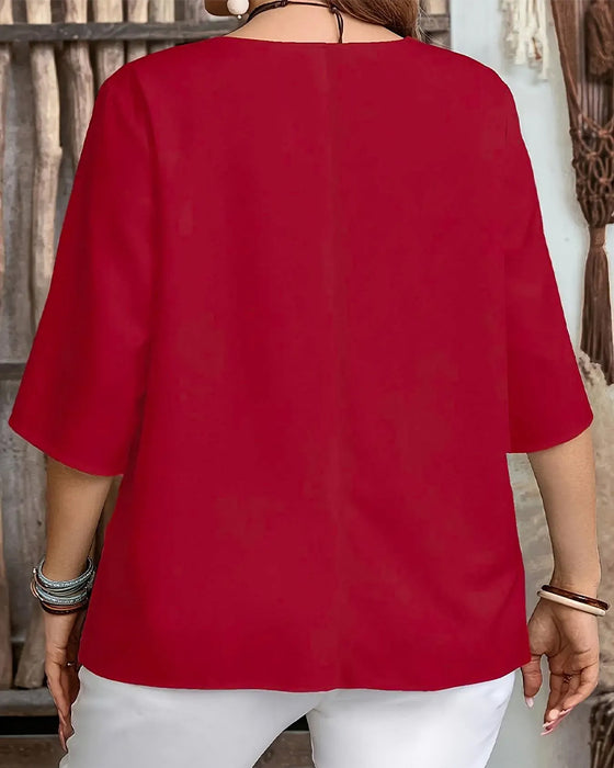 Blouse Col V Bouton Uni Manche Trois Quarts