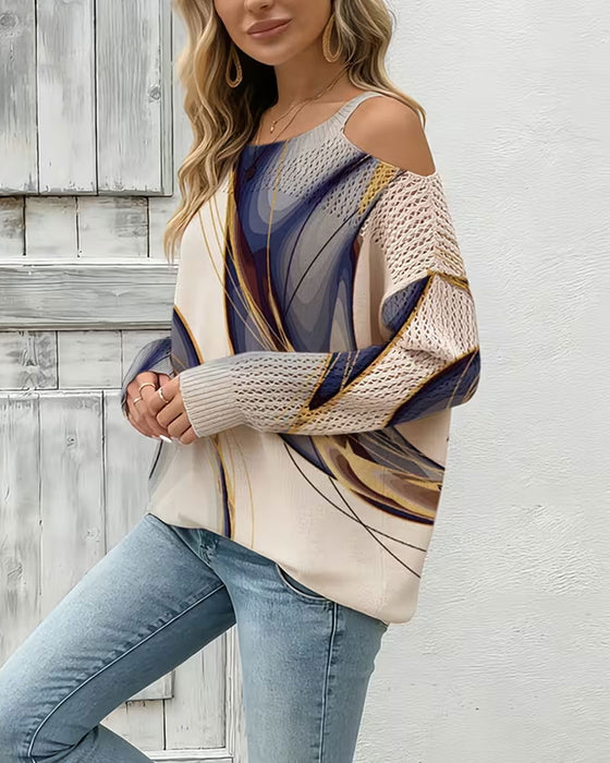 Pullover Élégant Imprimé Évidé Hors Épaule