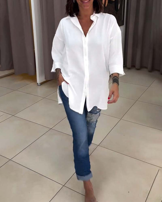 Chemise boutonnée de couleur unie à revers