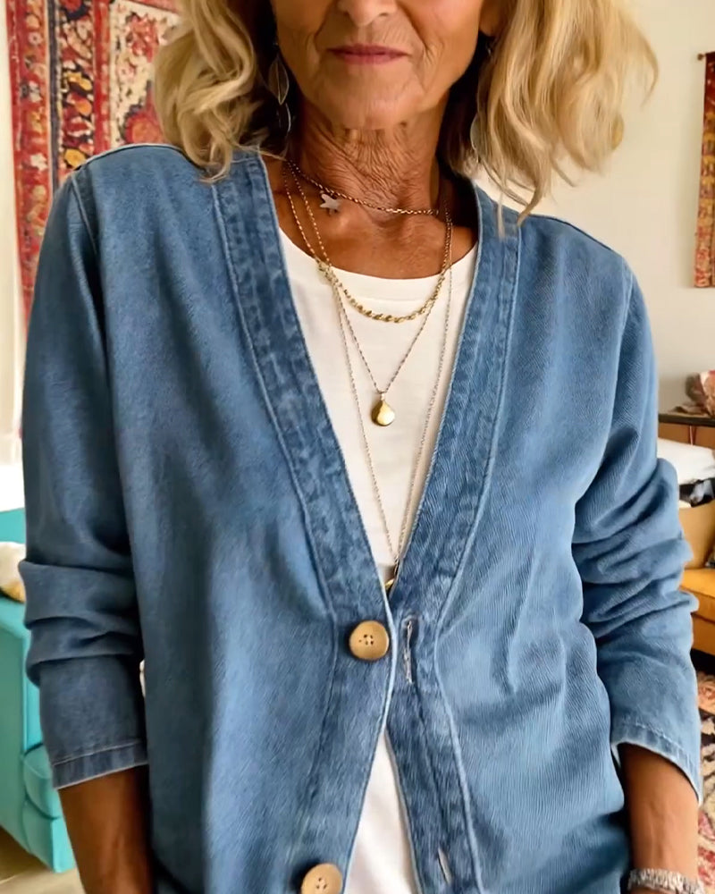 Manteau Denim Col En V Cardigan