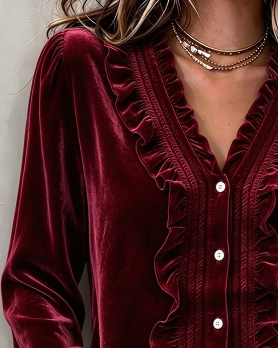 Blouse Velvet Ruffle-Trim V-Neck Manches Longues