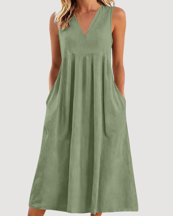 Robe Unie Col V Sans Manches