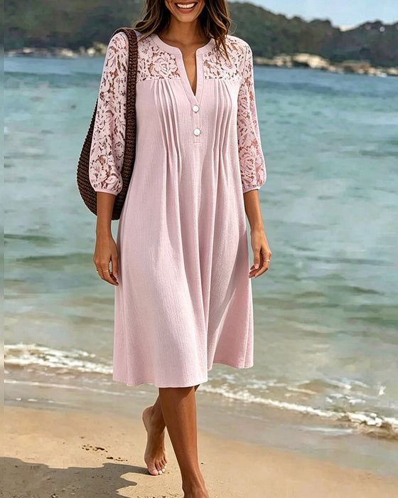 Robe Col En V Évidé Froncé Dentelle