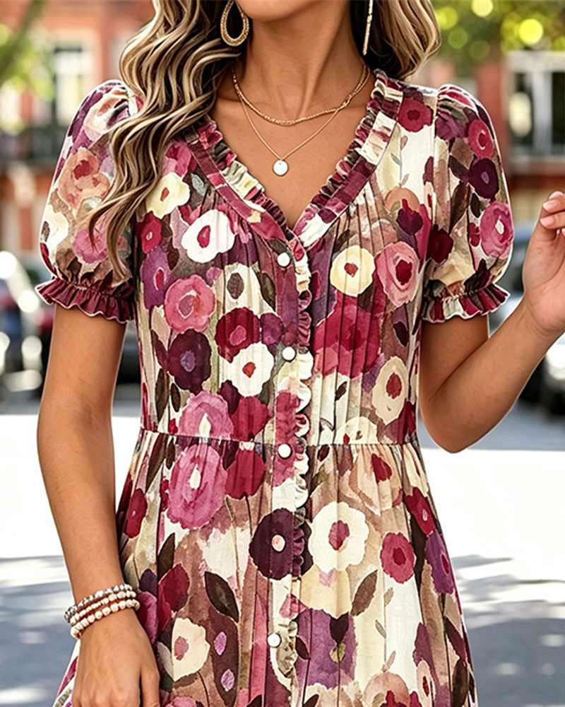 Robe Col V Bouton Manche Bouffante