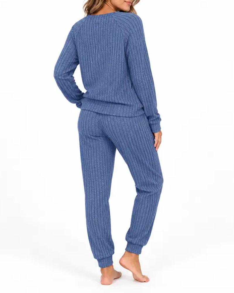 Ensemble Col Henley Rayure Fine Tricoté
