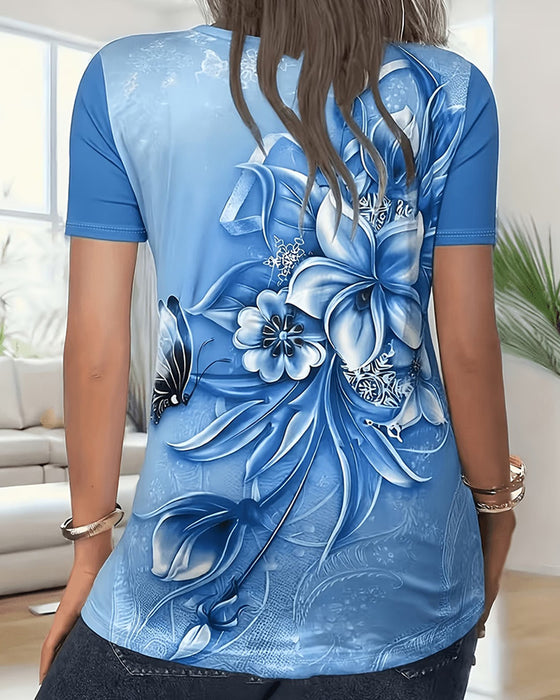 T-Shirt Floral Col V Manche Courte