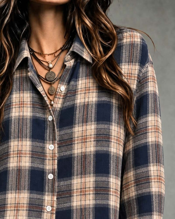 Blouse Col À Carreaux Manches Longues