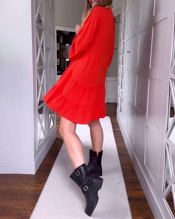 Robe patchwork évasée à manches longues et col en V de couleur unie