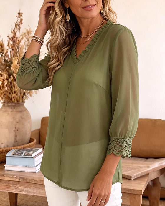 Blouse Col V Volant Dentelle Patchwork