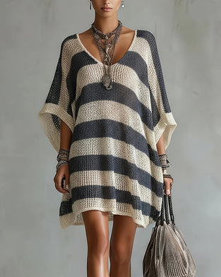 Pull Robe Manche Dolman Imprimé Rayé Découpé
