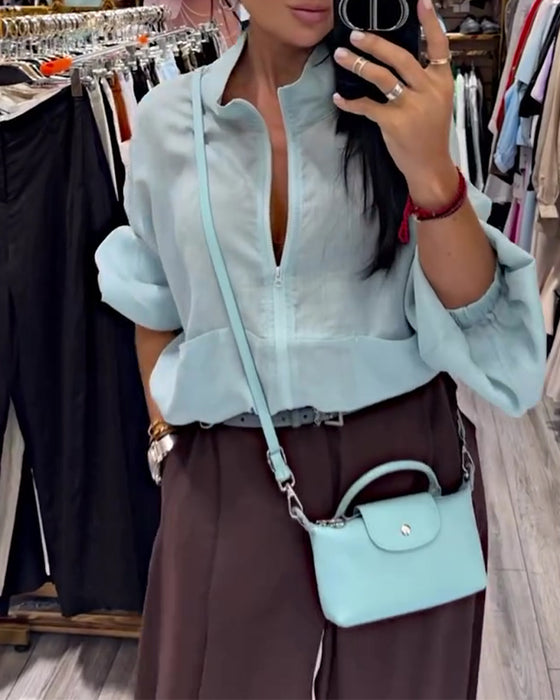 Manteau Unie Col Haut Fermeture Éclair