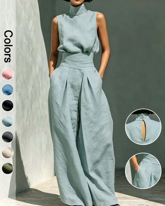 Combinaison Col Haut Sans Manches Large Jambe Taille