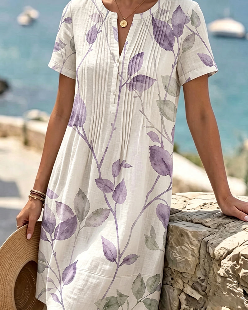 Robe Froncée Imprimé Feuille Manches Courtes Mini
