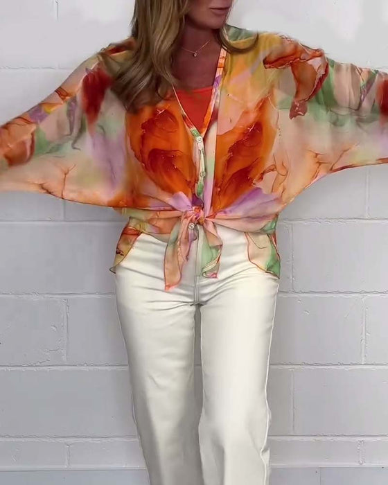 Chemisier décontracté imprimé à col en V et manches longues