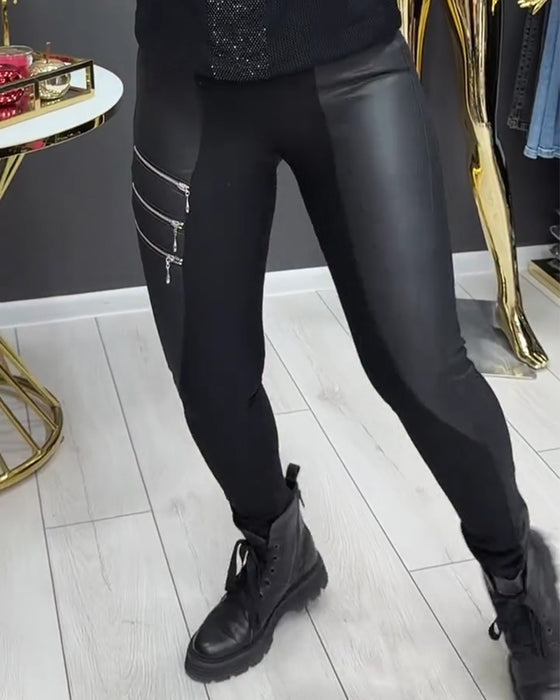 Legging PU Patchwork Fermeture Éclair Orné