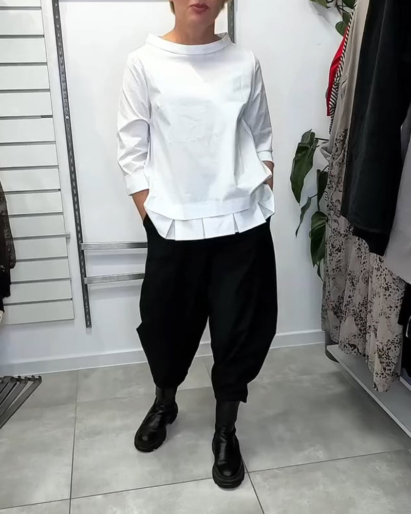 100% Coton Blouse Col Large Couleur Unie Décontracté