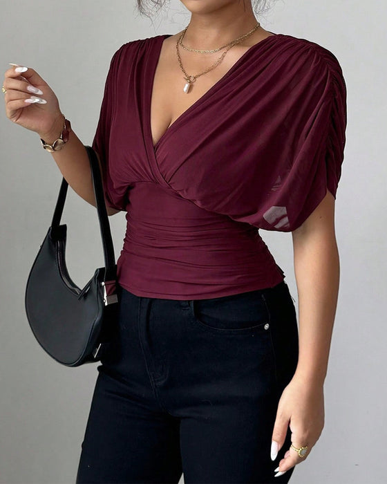 Blouse Unie Profond Col En V Taille Manches Courtes