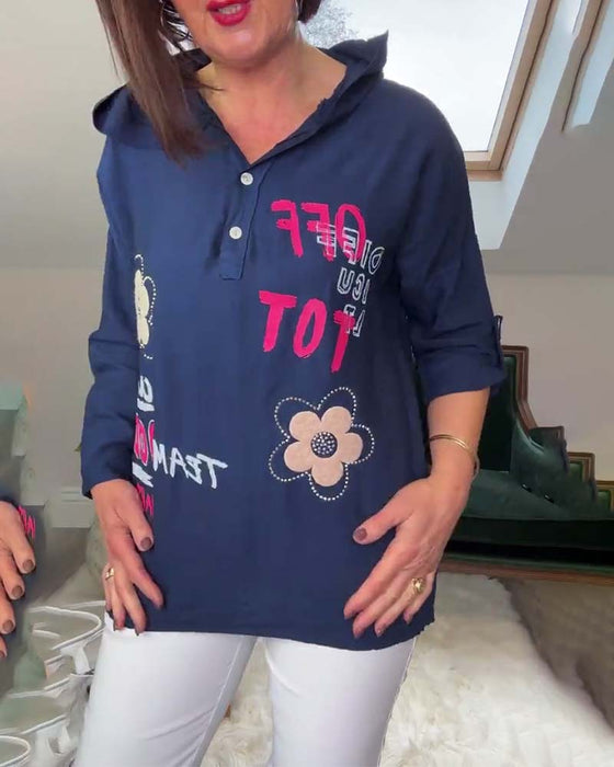 Haut à capuche décontracté à manches longues brodé de lettres florales