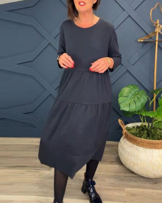 Robe décontractée de couleur unie à col rond et patchwork