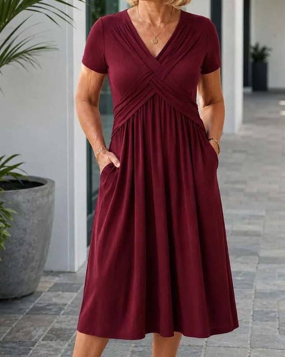 Robe Croisé Col En V Taille Cintrée Manches Courtes Coupe A