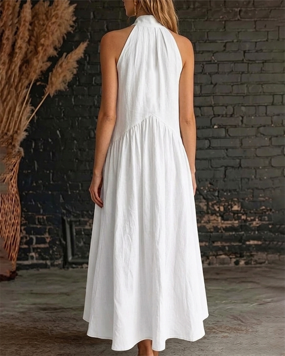 Robe 100% Coton Sans Manches Col Montant Unie Maxi