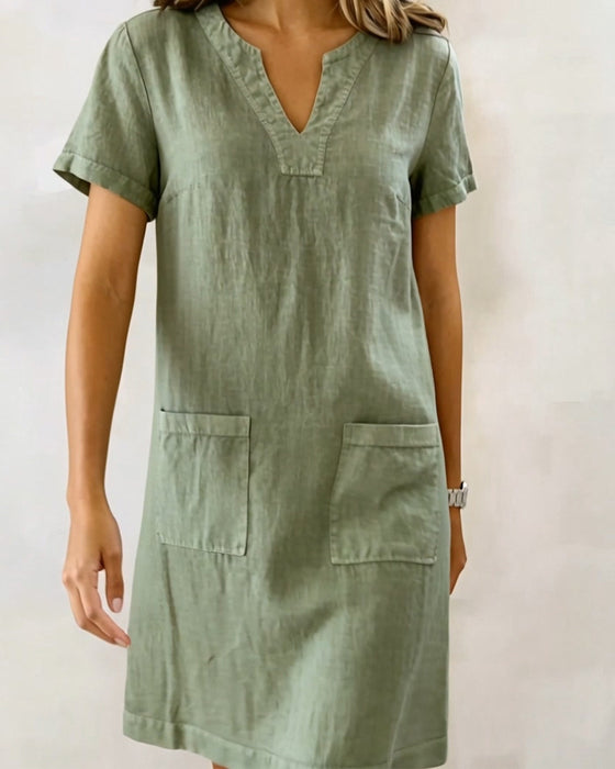 Robe Petit Col V Poche Shift