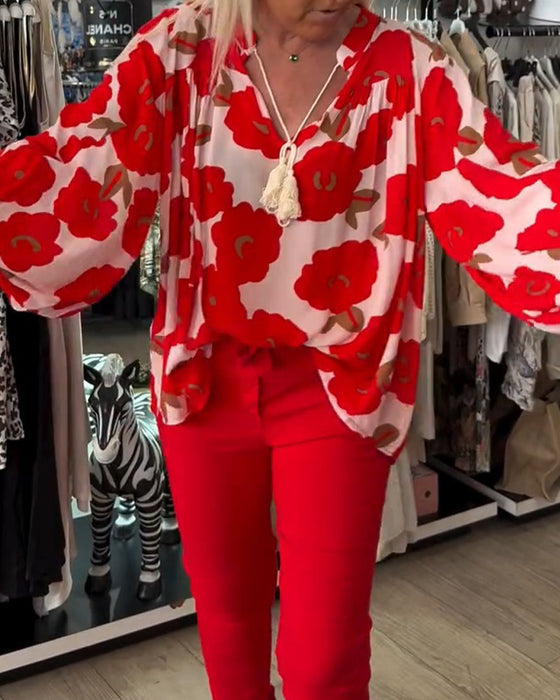 Blouse Grande Florale Attache Col V
