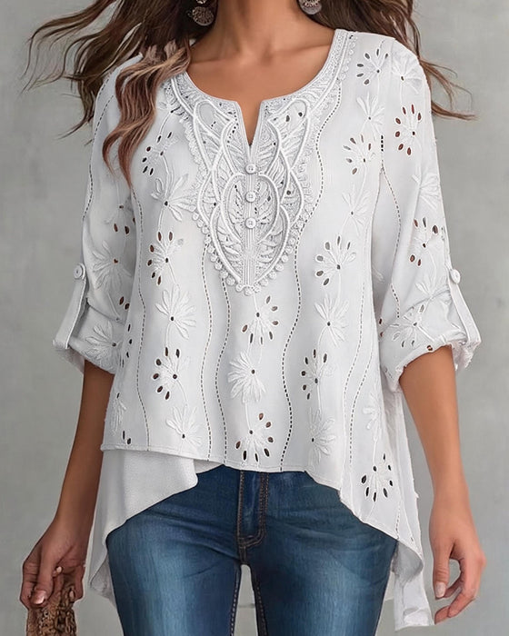 Blouse Petit Col V Bouton Irrégulier