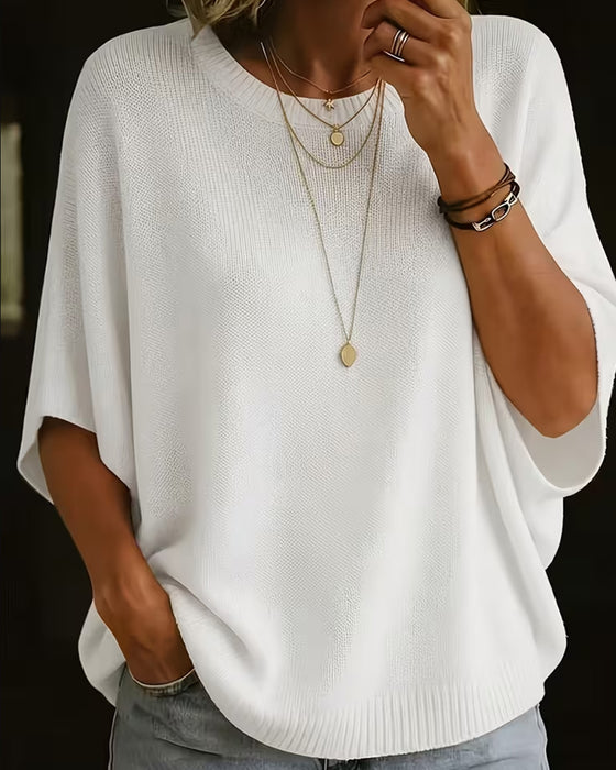 Pullover Col Rond Manche Coude Lâche Unie