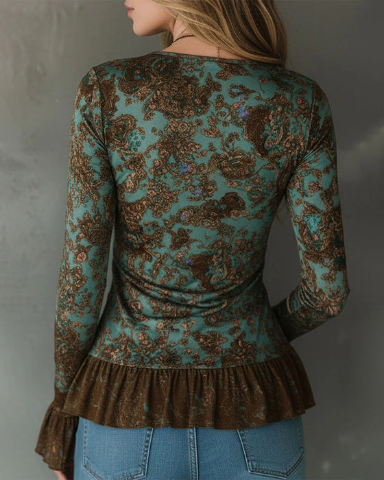 Blouse Froncée Volant Encolure V Manches Longues