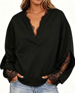 Sweatshirt Col En V Fente Dentelle Patchwork