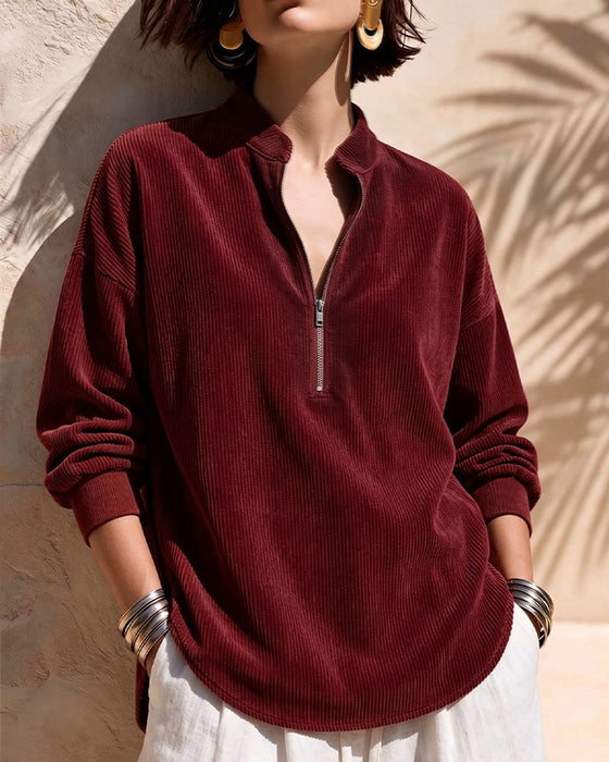 Blouse Zip Col Montant Velours Côtelé