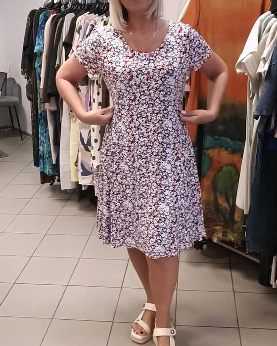Robe Col Rond Imprimé Fleuri Manches Courtes