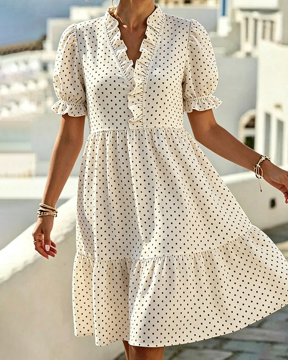 Robe Col V Dentelle Garniture Polka Dot