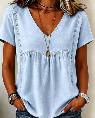Blouse Col V Froncé Manche Courte