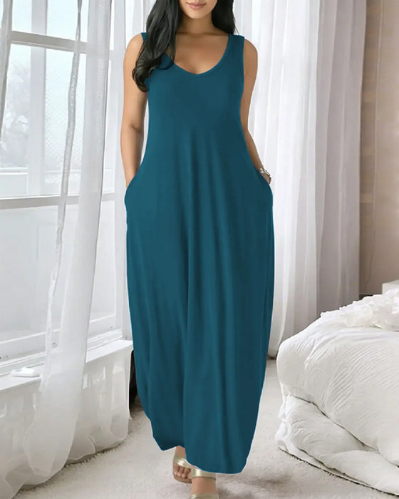 Robe Col En V Poche Lâche Débardeur Longue