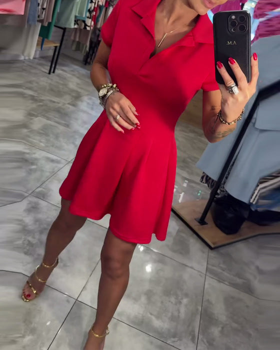 Robe Revers Manches Courtes Plissée Coupe A-Ligne