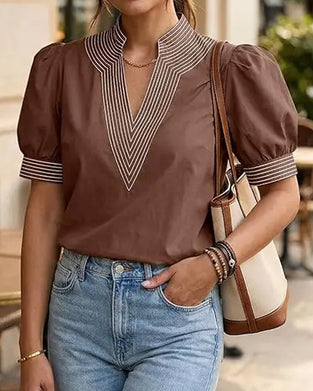 Blouse Col V Manche Bouffante Rayée