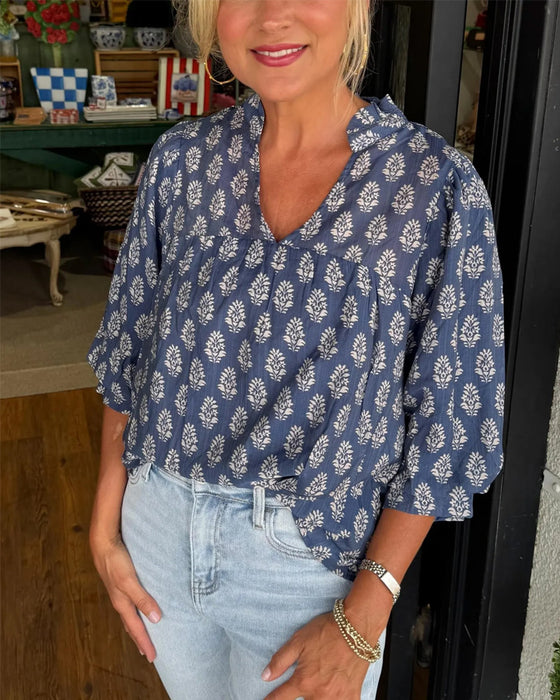 Blouse Manches Trois-Quarts Imprimée Décontractée
