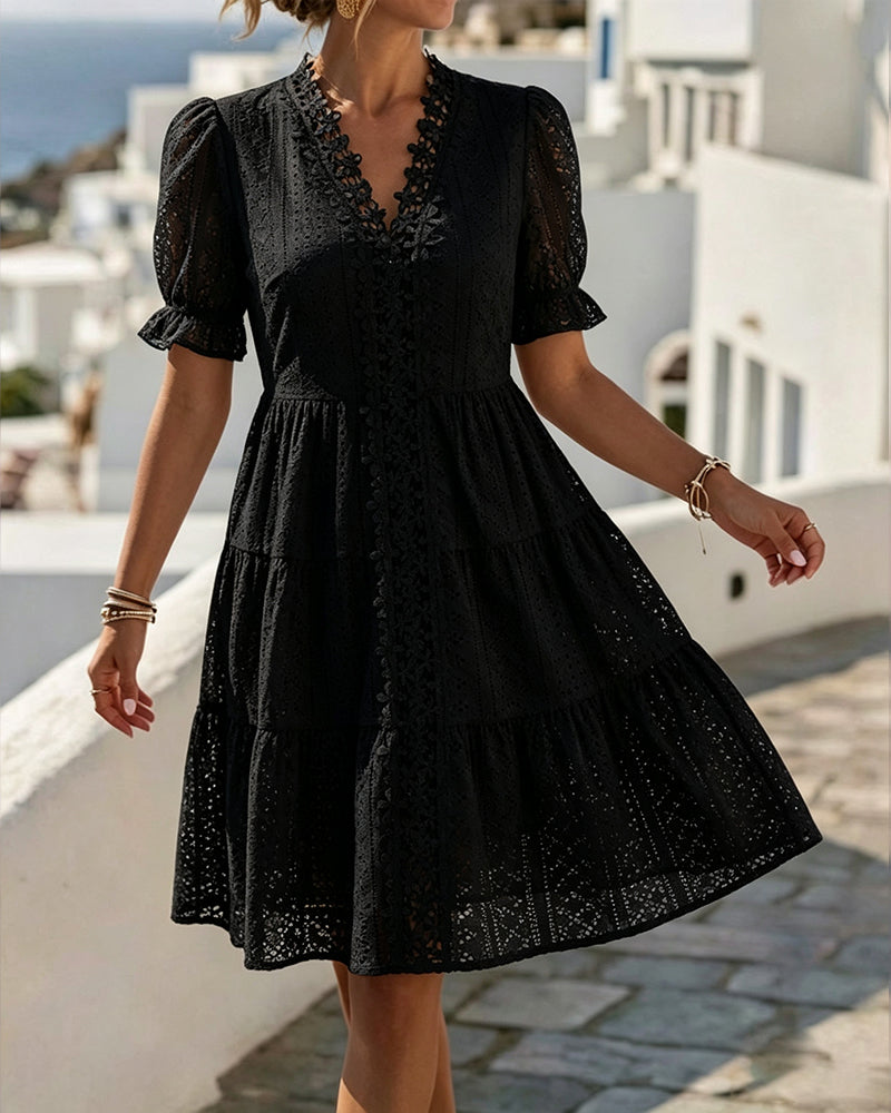 Robe Manches Bouffantes Col V Dentelle Ligne A