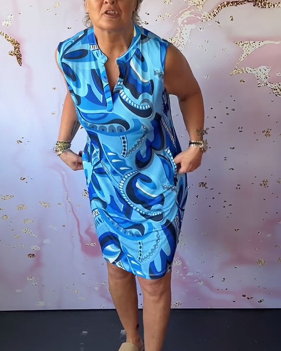 Robe imprimée sans manches à col montant et poches