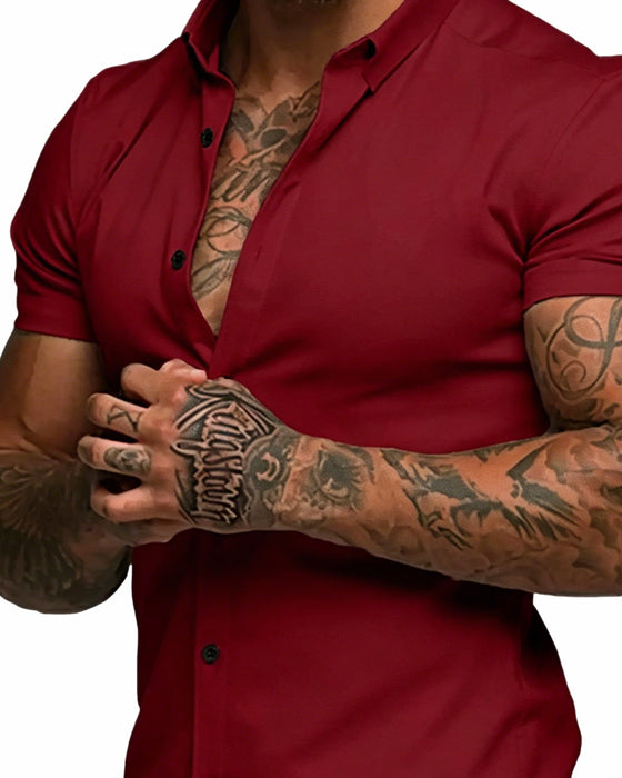 Chemise Haute Élasticité Revers Manches Courtes Homme