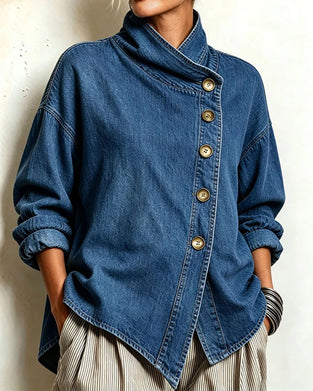 Manteau Bouton Diagonal Col Montant Denim
