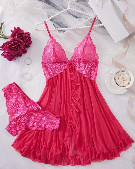 Chemise de Nuit Décolletée & Culotte Décor Nœud Set Femme Sexy Volant Dentelle