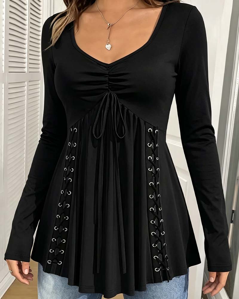 Blouse Col En V Cordon De Serrage Manches Longues