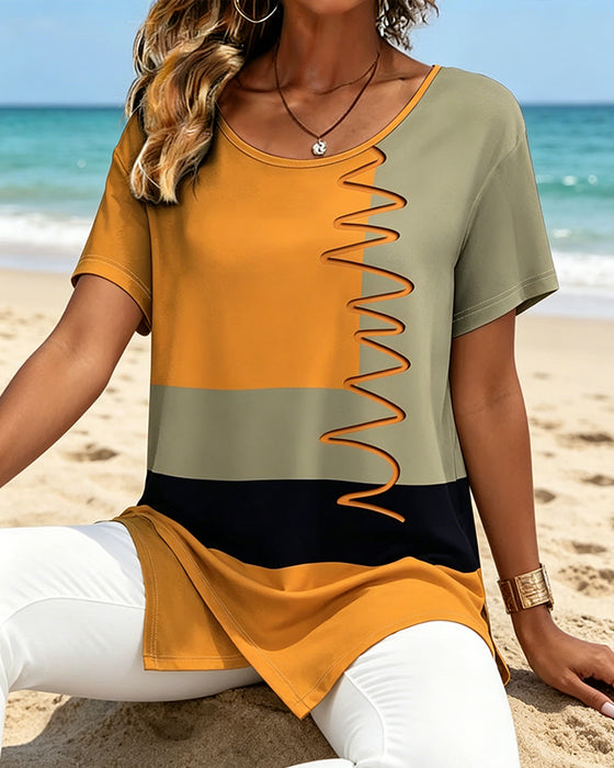 T-Shirt Bloc De Couleur Irrégulier Manche Courte